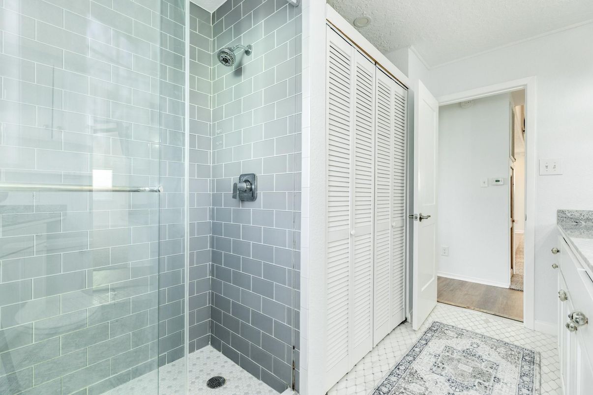 Bathroom, Glass Shower, Interior, Wood Texture Flooring