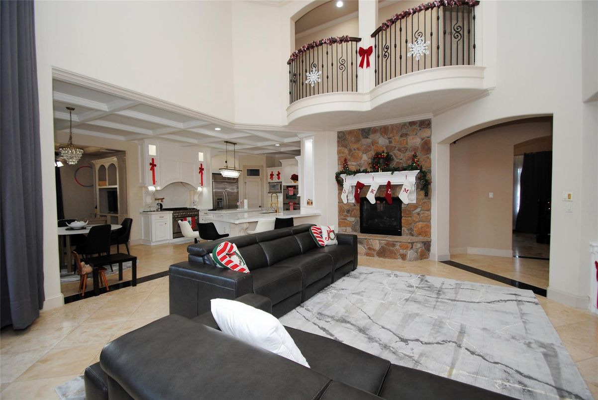 Dining room, Fireplace, Interior, Kitchen, Living room, Pendant Lights, Recessed Lighting, Stone Walls
