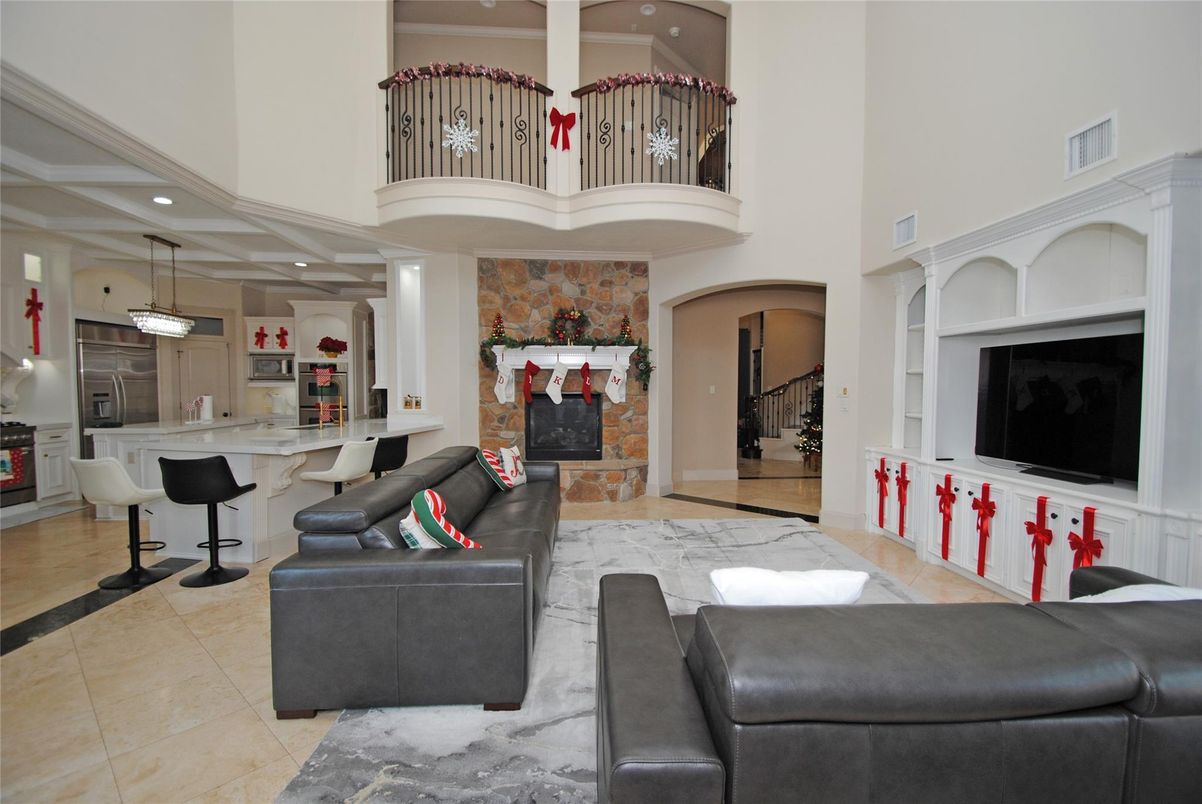 Fireplace, Interior, Kitchen, Living room, Pendant Lights, Recessed Lighting, Stone Walls