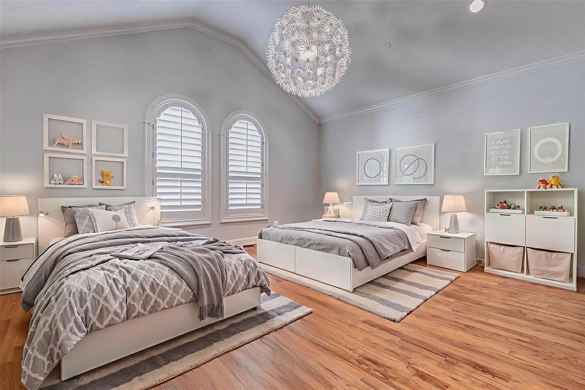Bedroom, Interior, Pendant Lights, Wood Texture Flooring