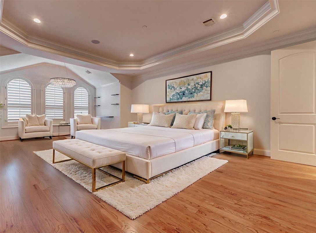 Bedroom, Chandelier, Interior, Recessed Lighting, Wood Texture Flooring