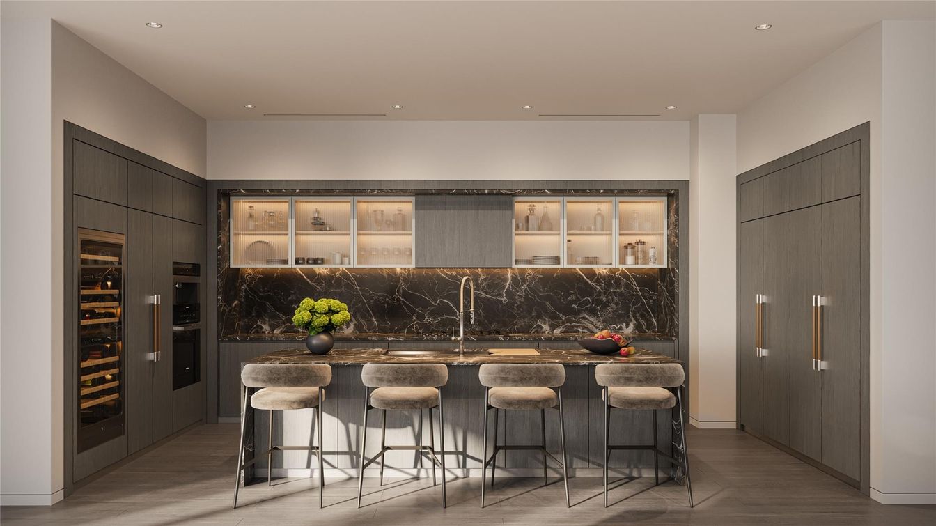 Interior, Kitchen, Marble Walls, Recessed Lighting, Wood Texture Flooring