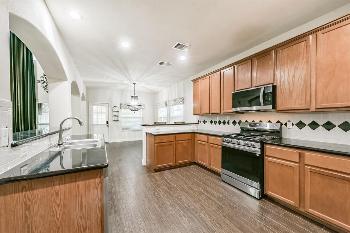 Chandelier, Interior, Kitchen, Pendant Lights, Recessed Lighting, Wood Texture Flooring