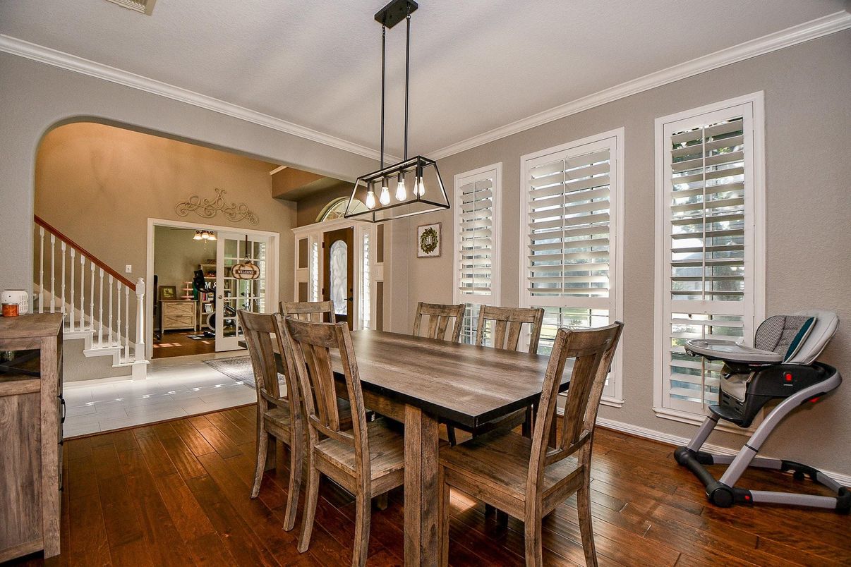 Dining room, Interior, Pendant Lights, Wood Texture Flooring