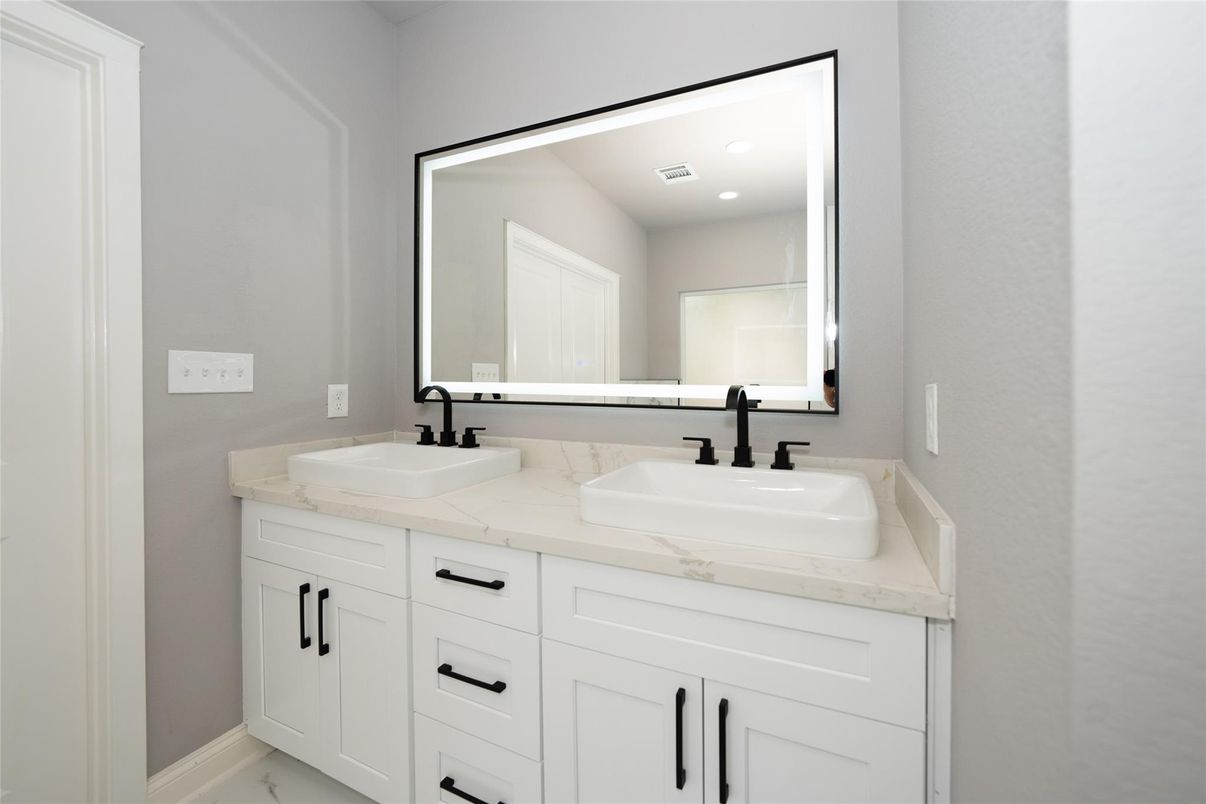 Bathroom, Dual Sink Vanities, Interior, Marble, Recessed Lighting