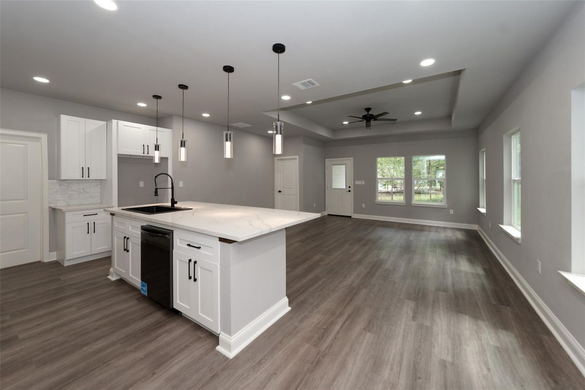 Interior, Kitchen, Pendant Lights, Recessed Lighting, Wood Texture Flooring