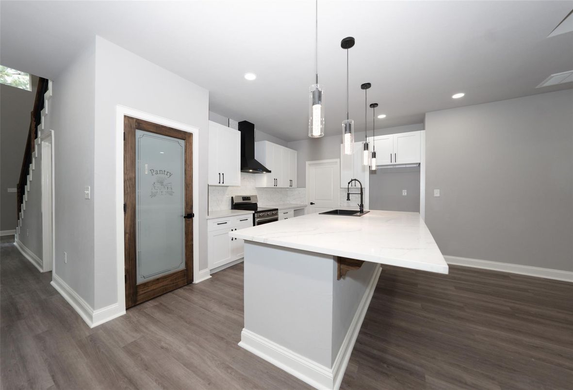 Interior, Kitchen, Pendant Lights, Recessed Lighting, Stainless Steel Appliances, Wood Texture Flooring