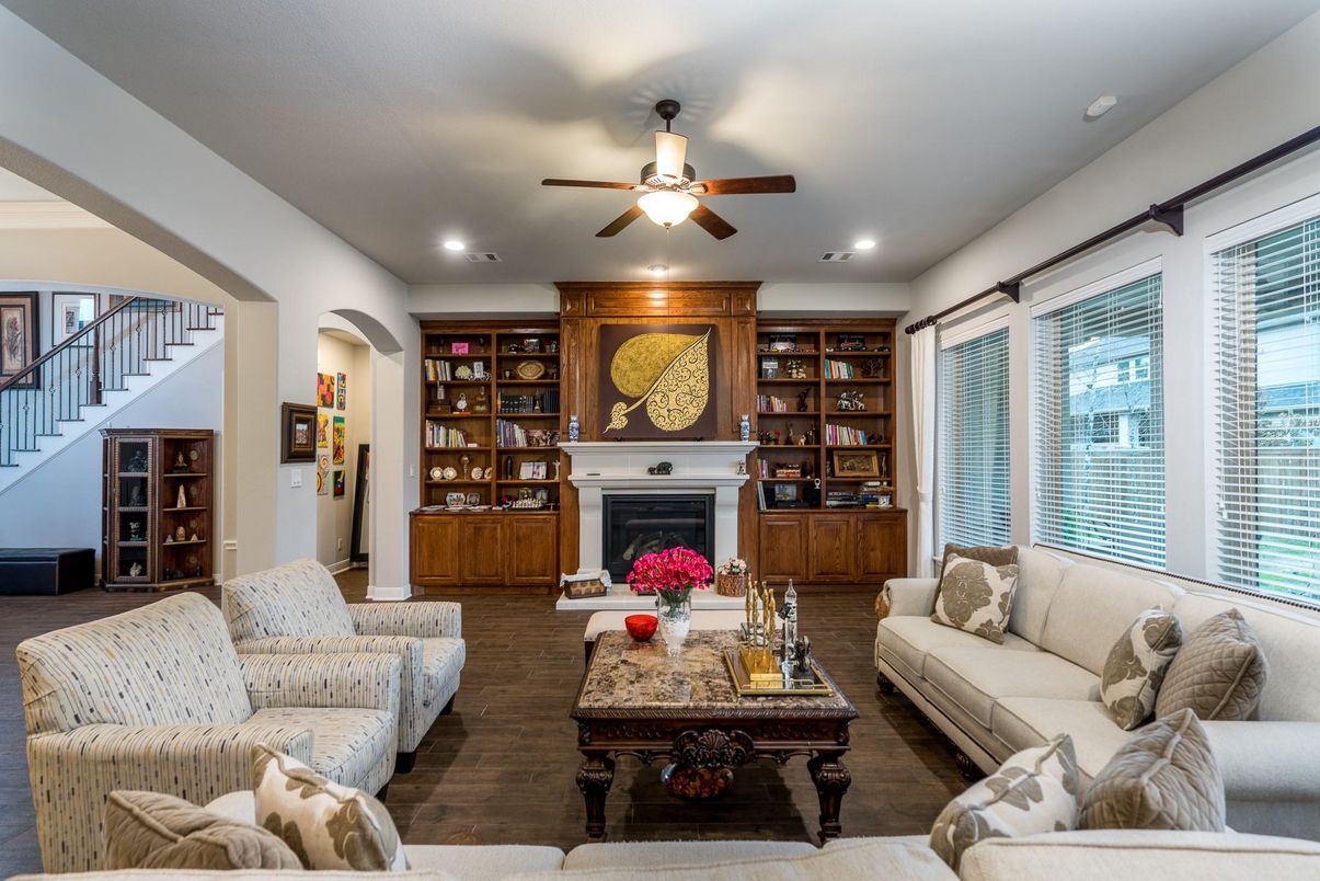 Fireplace, Interior, Living room, Recessed Lighting, Wood Texture Flooring