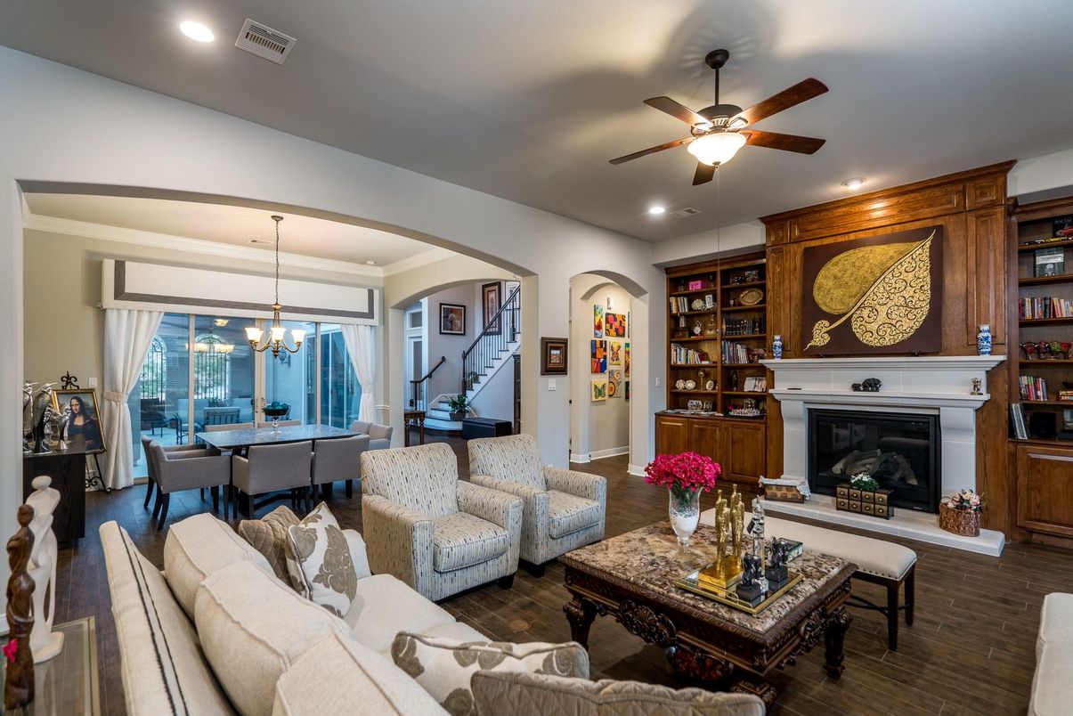 Chandelier, Dining room, Fireplace, Interior, Living room, Recessed Lighting, Wood Texture Flooring