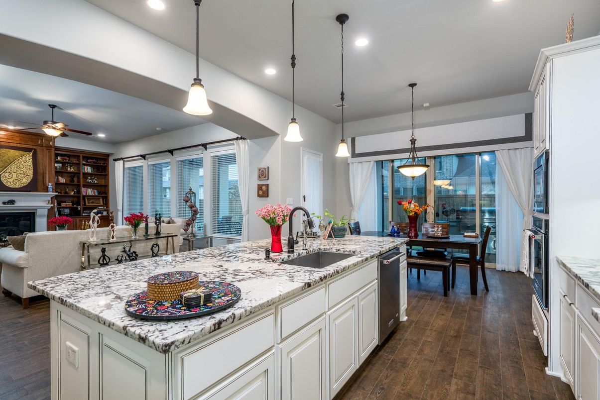 Dining room, Fireplace, Interior, Kitchen, Pendant Lights, Recessed Lighting, Wood Texture Flooring