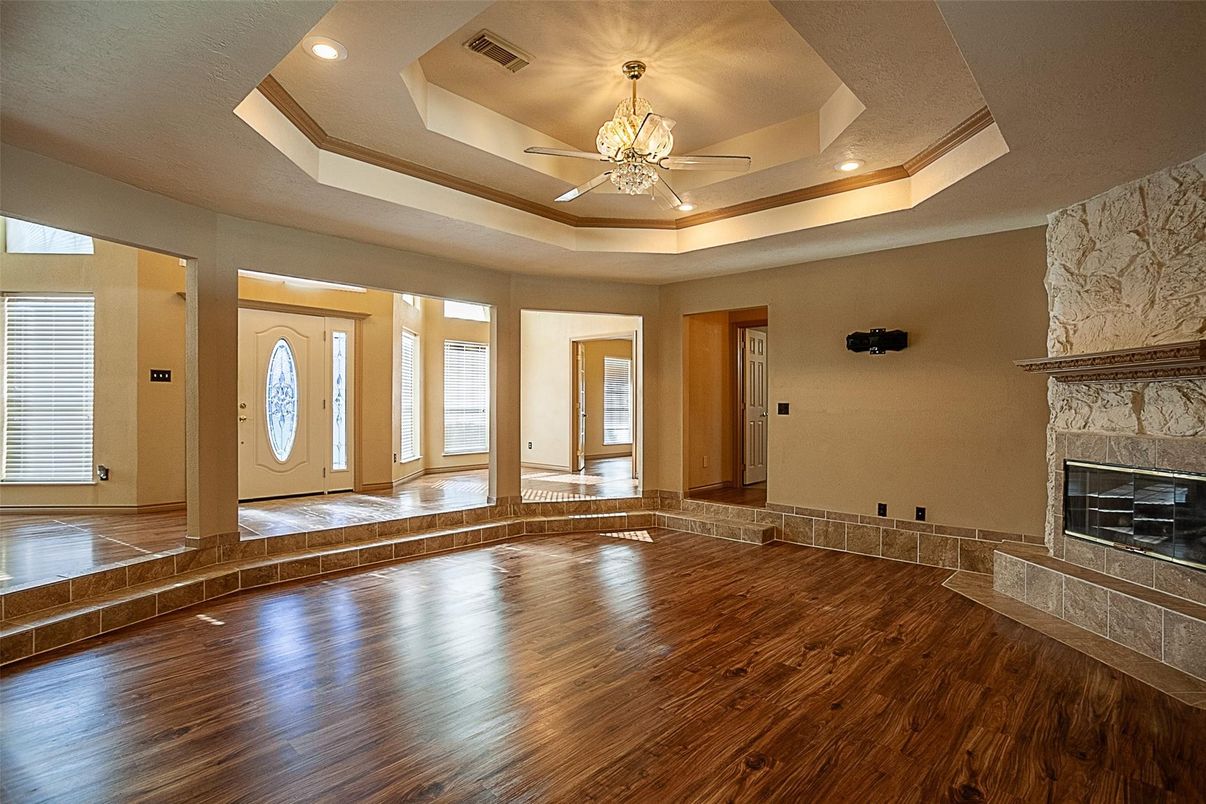 Empty room, Fireplace, Interior, Recessed Lighting, Wood Texture Flooring