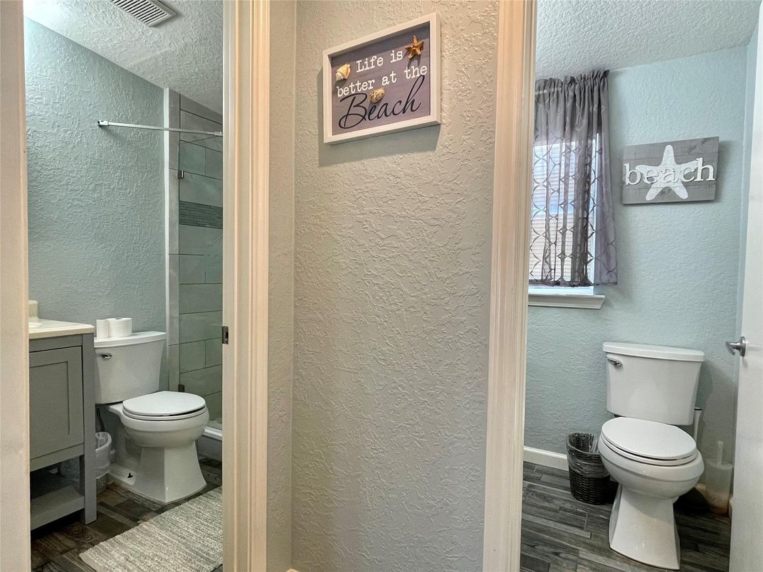 Bathroom, Glass Shower, Interior, Wood Texture Flooring