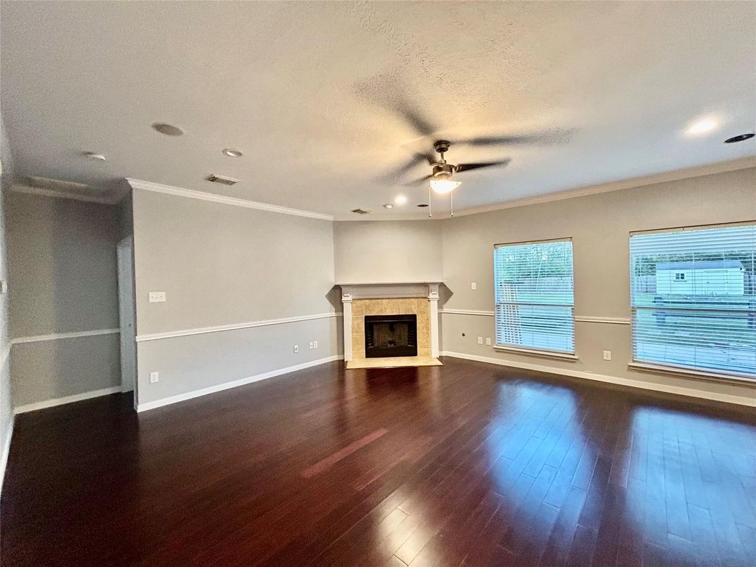 Empty room, Fireplace, Interior, Recessed Lighting, Wood Texture Flooring