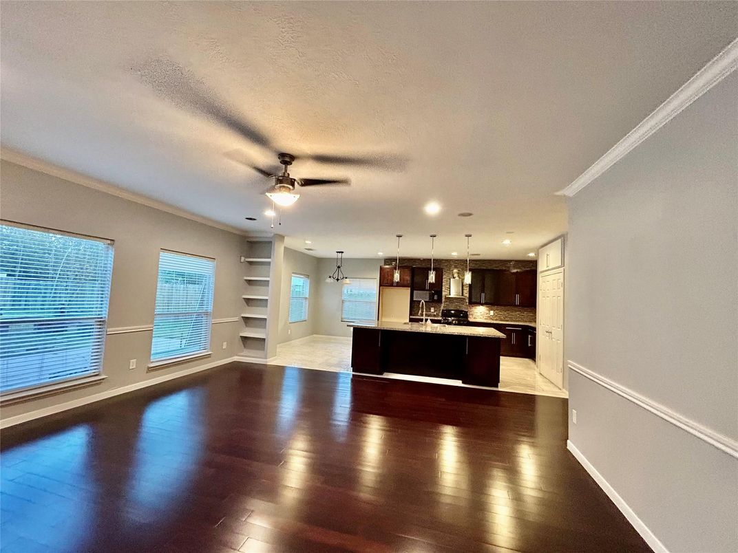 Empty room, Interior, Kitchen, Pendant Lights, Recessed Lighting, Wood Texture Flooring
