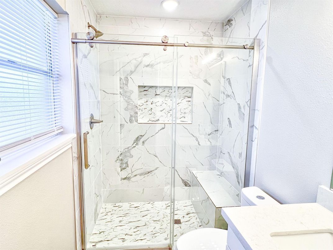 Bathroom, Glass Shower, Interior, Marble Walls, Recessed Lighting
