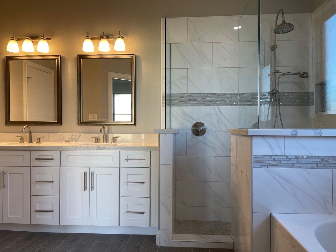 Bathroom, Dual Sink Vanities, Glass Shower, Interior, Marble Walls