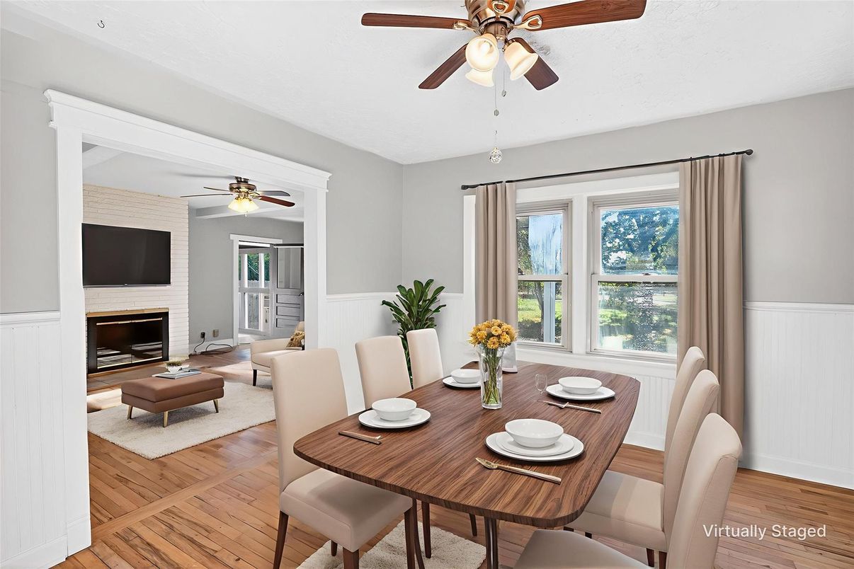 Dining room, Fireplace, Interior, Living room, Wood Texture Flooring