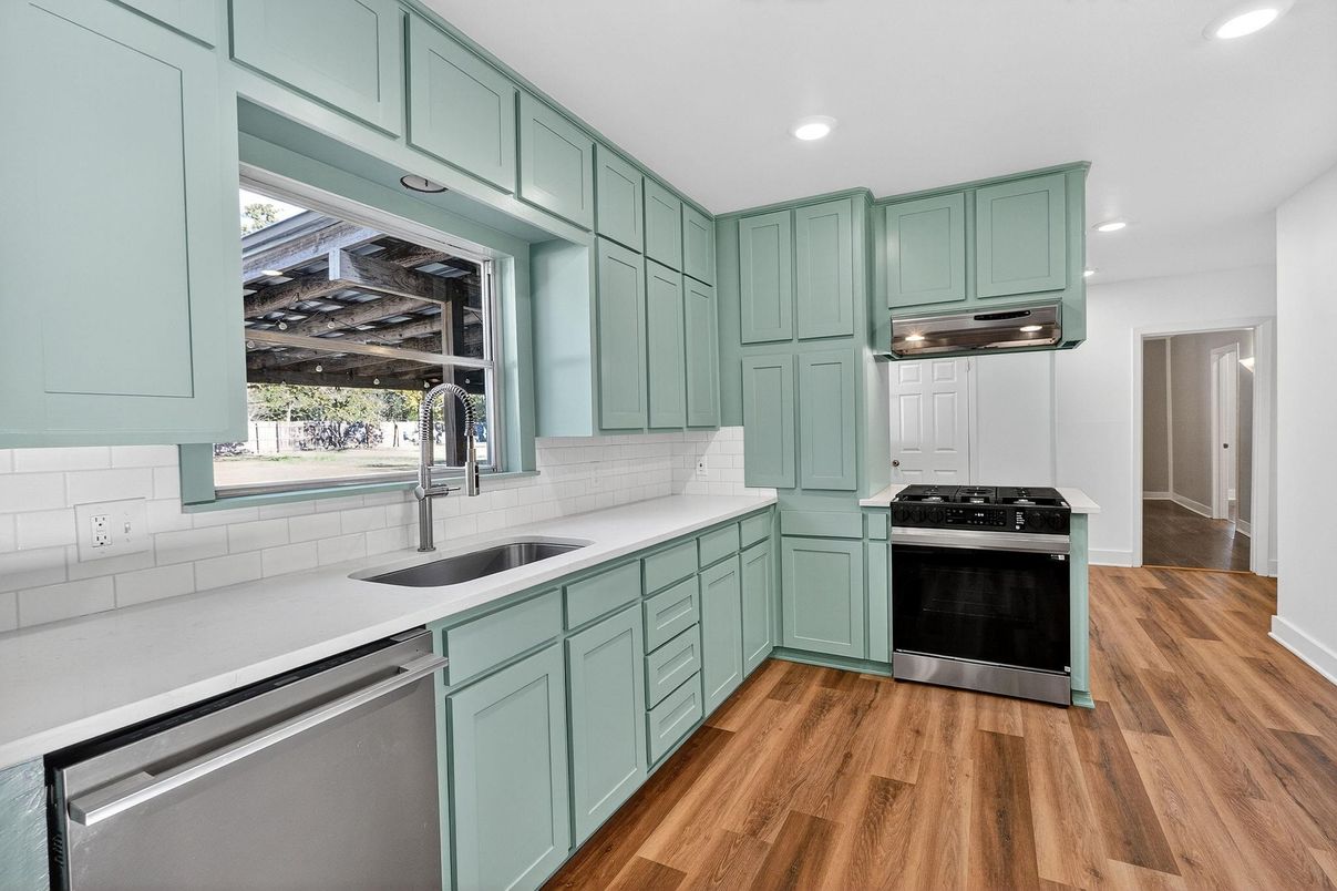 Interior, Kitchen, Recessed Lighting, Stainless Steel Appliances, Wood Texture Flooring