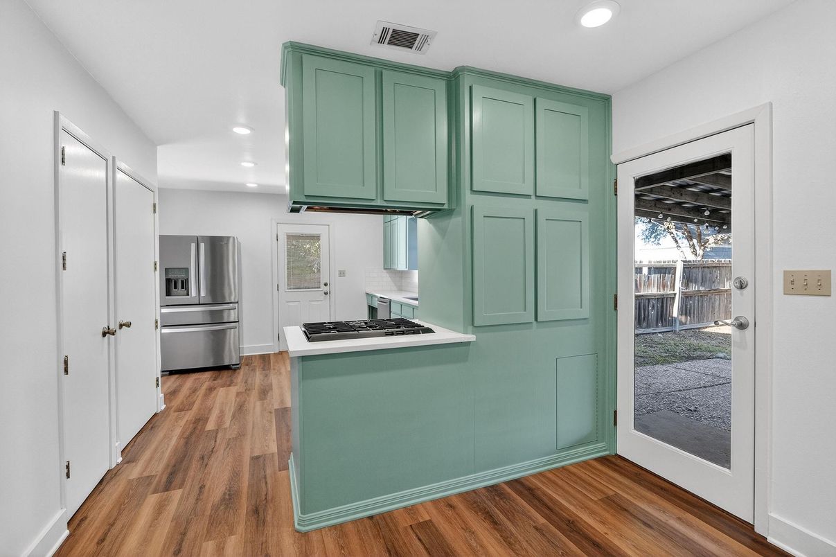 Interior, Kitchen, Recessed Lighting, Stainless Steel Appliances, Wood Texture Flooring