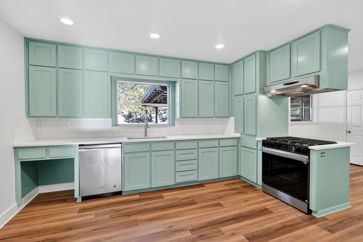 Interior, Kitchen, Recessed Lighting, Stainless Steel Appliances, Wood Texture Flooring