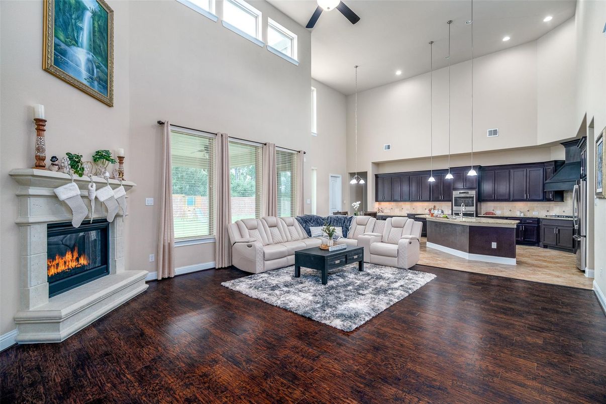 Fireplace, Interior, Kitchen, Living room, Pendant Lights, Recessed Lighting, Wood Texture Flooring