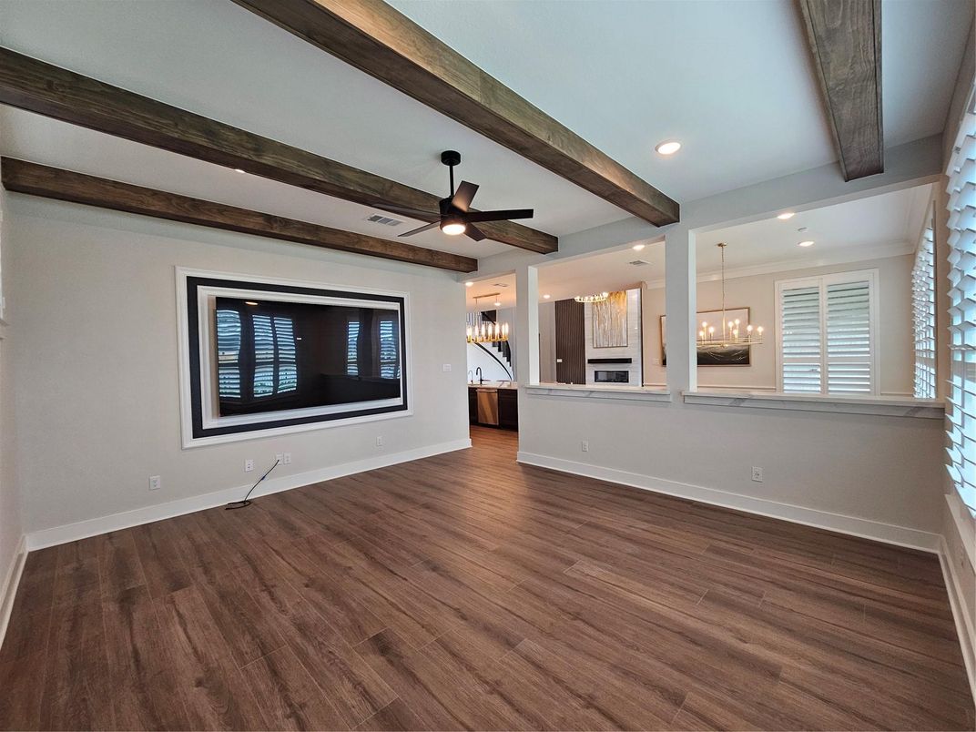 Empty room, Interior, Pendant Lights, Recessed Lighting, Wooden Beams, Wood Texture Flooring