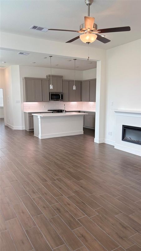 Fireplace, Interior, Kitchen, Pendant Lights, Wood Texture Flooring