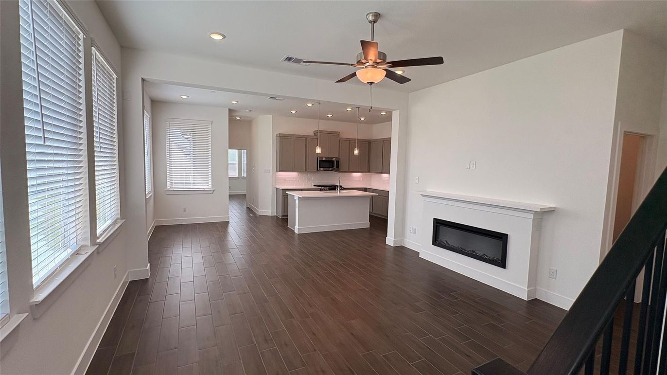 Fireplace, Interior, Kitchen, Recessed Lighting, Wood Texture Flooring