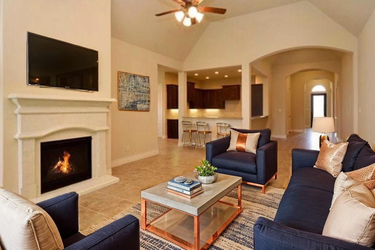 Fireplace, Interior, Kitchen, Living room, Recessed Lighting