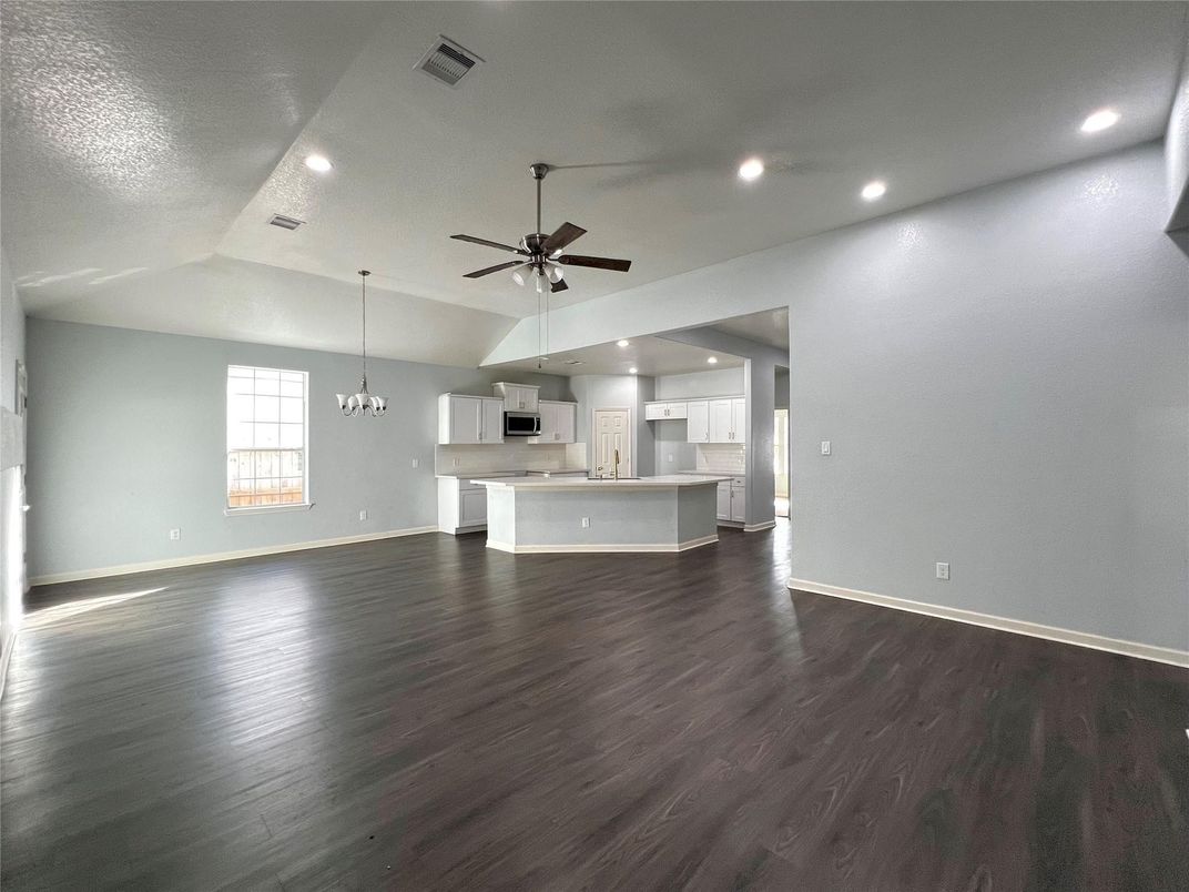 Chandelier, Empty room, Interior, Kitchen, Recessed Lighting, Wood Texture Flooring