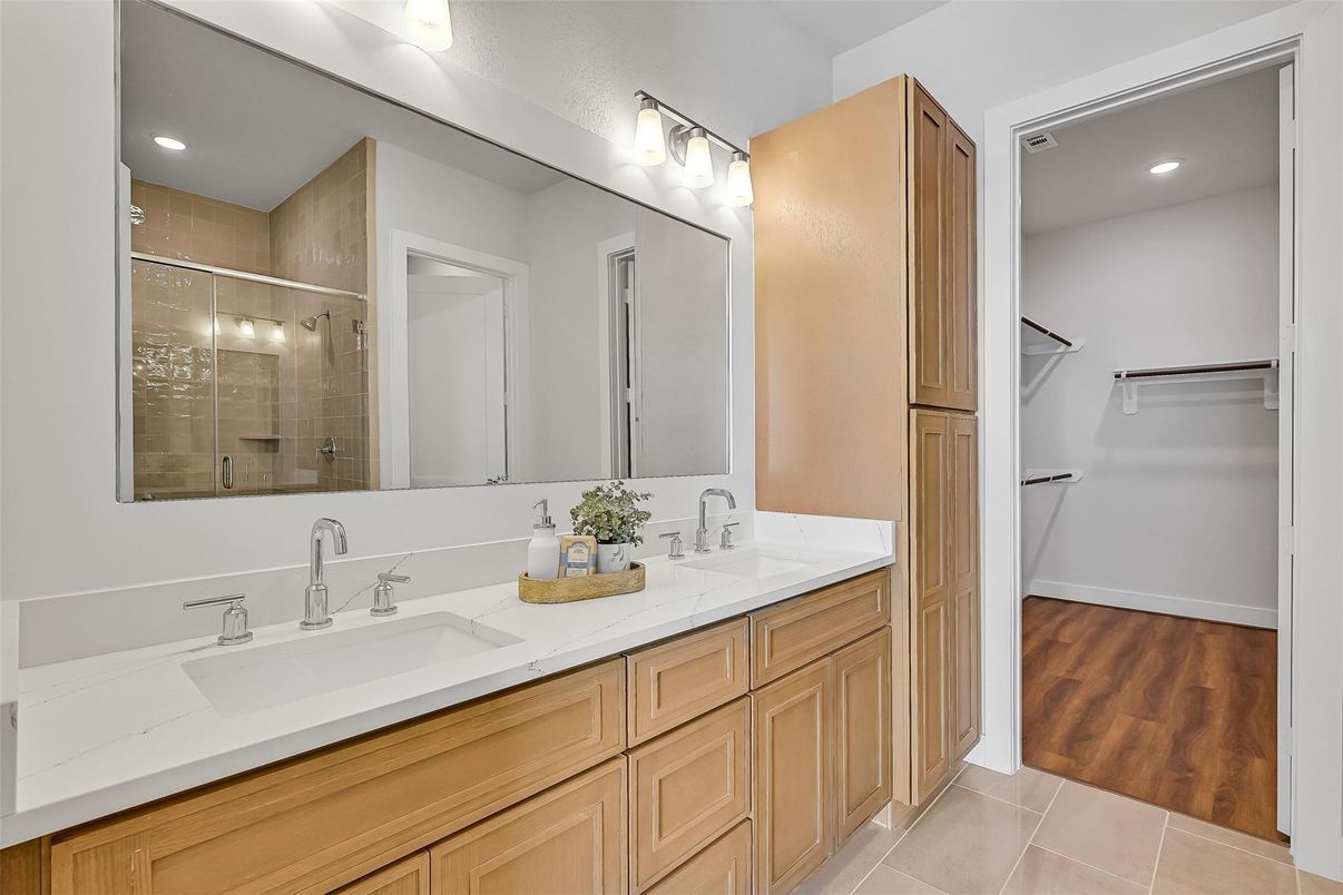 Bathroom, Dual Sink Vanities, Glass Shower, Interior, Recessed Lighting, Wood Texture Flooring