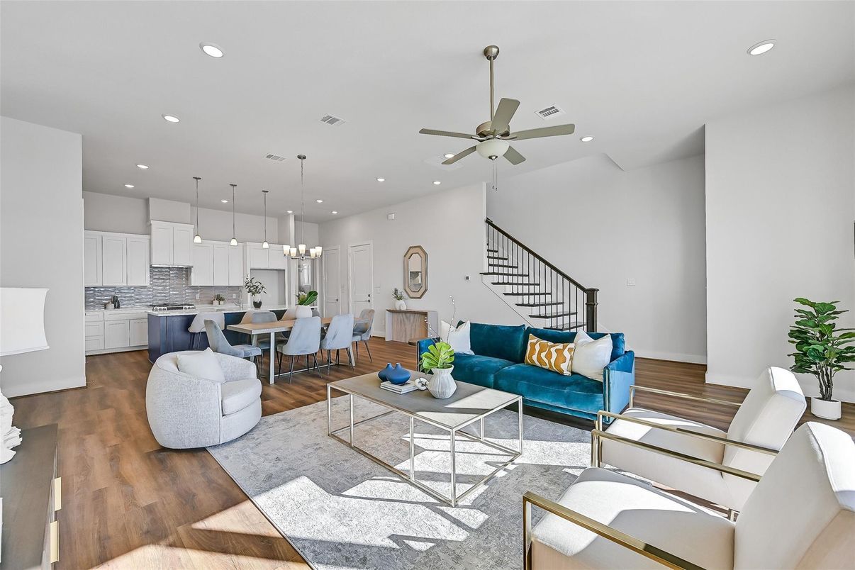 Dining room, Interior, Kitchen, Living room, Pendant Lights, Recessed Lighting, Wood Texture Flooring