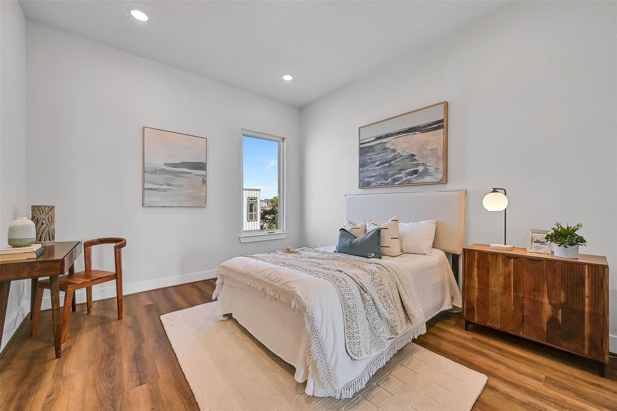 Bedroom, Interior, Recessed Lighting, Wood Texture Flooring