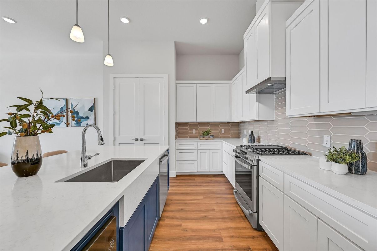 Interior, Kitchen, Pendant Lights, Recessed Lighting, Stainless Steel Appliances, Wood Texture Flooring