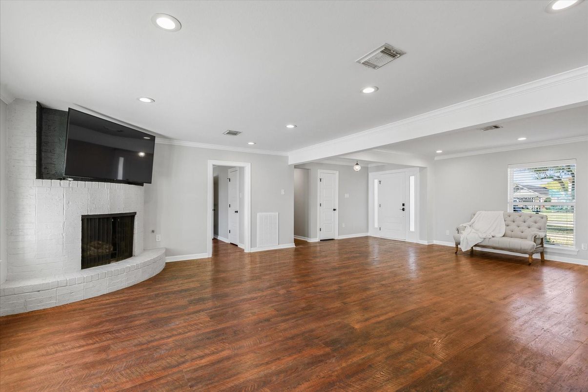 Empty room, Fireplace, Interior, Recessed Lighting, Wood Texture Flooring