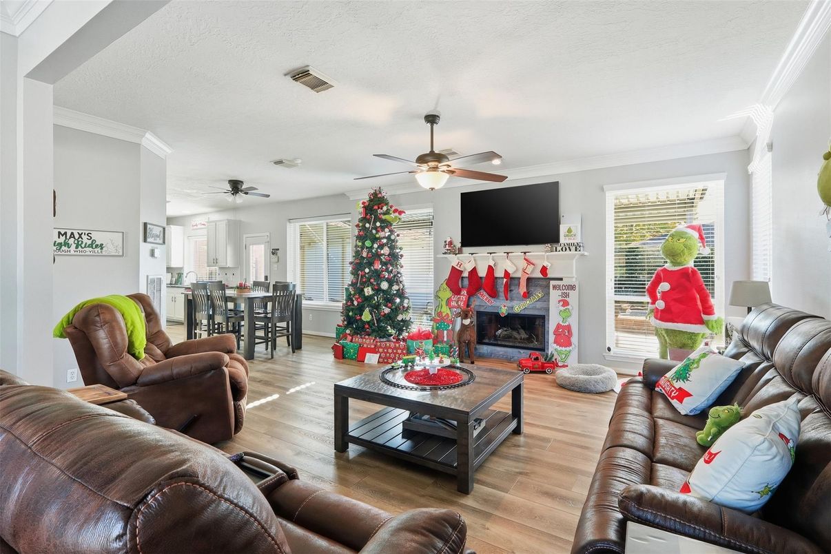 Dining room, Fireplace, Interior, Living room, Wood Texture Flooring