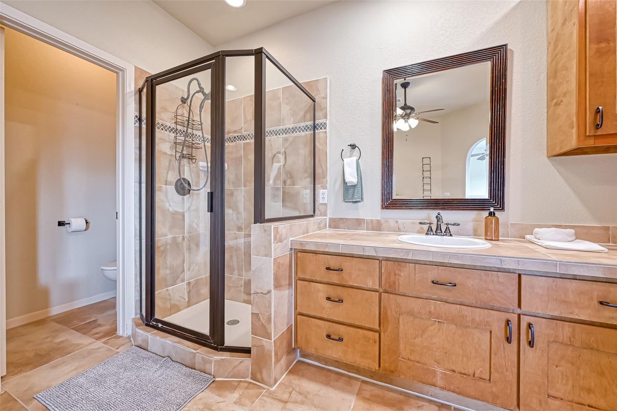 Bathroom, Glass Shower, Interior, Recessed Lighting, Tile Countertops