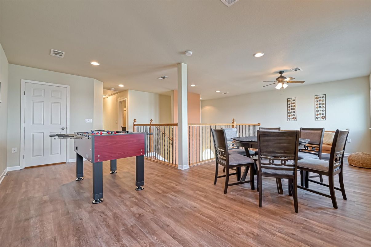 Dining room, Game Room, Interior, Recessed Lighting, Wood Texture Flooring