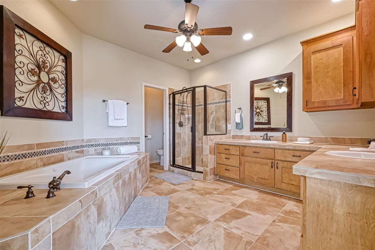 Bathroom, Dual Sink Vanities, Glass Shower, Interior, Recessed Lighting