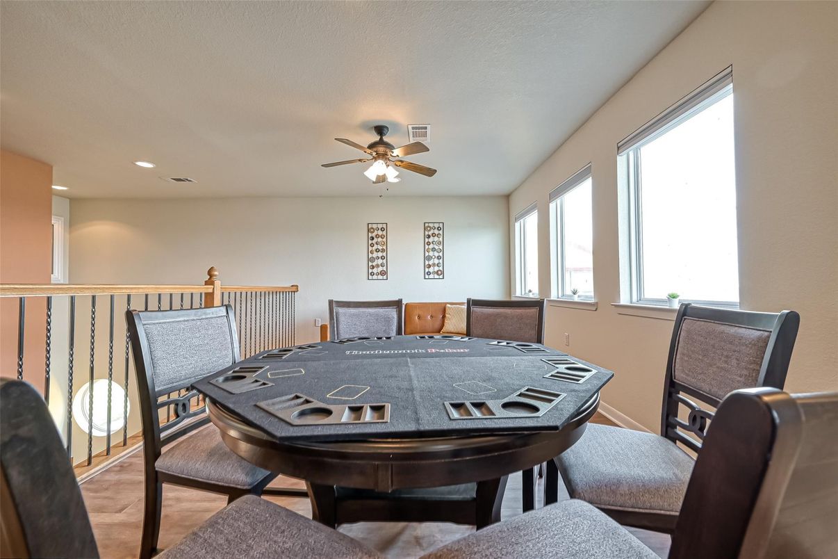 Dining room, Game Room, Interior, Recessed Lighting, Wood Texture Flooring