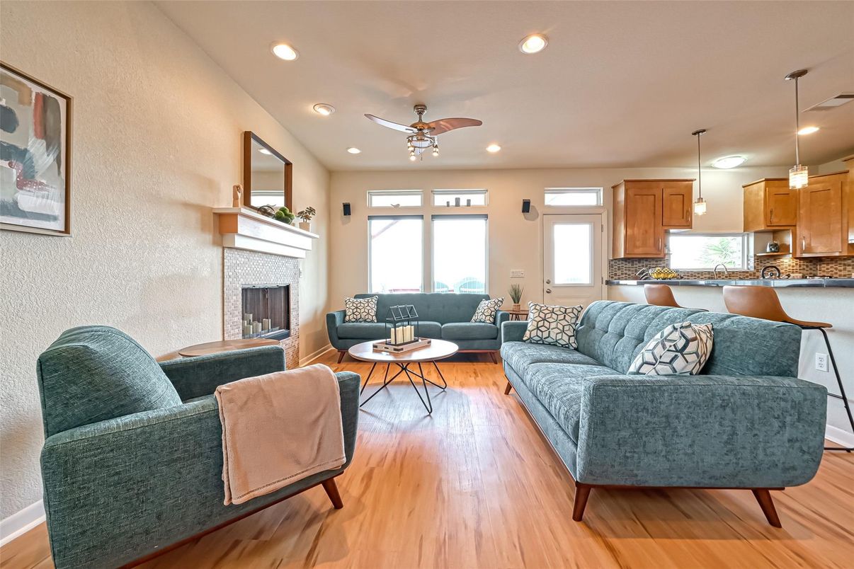 Fireplace, Interior, Kitchen, Living room, Pendant Lights, Recessed Lighting, Wood Texture Flooring