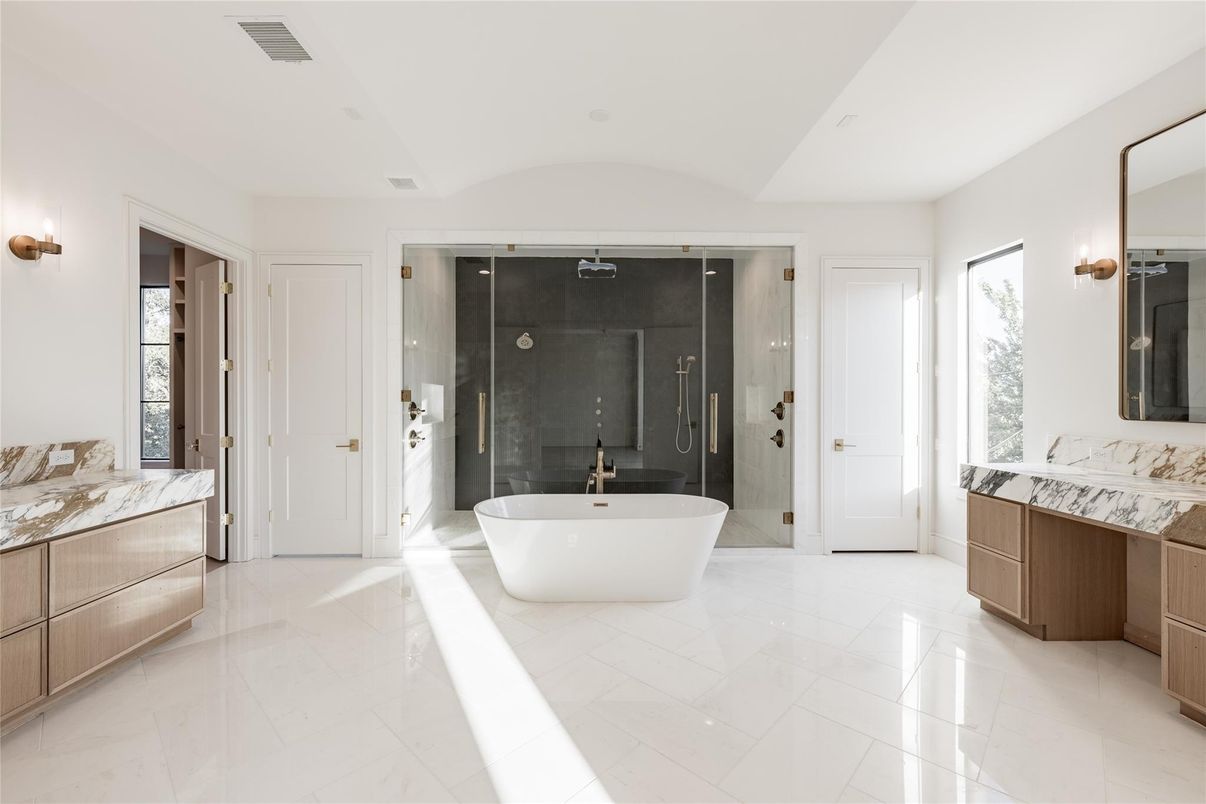 Bathroom, Dual Sink Vanities, Free Standing Baths, Glass Shower, Interior, Marble