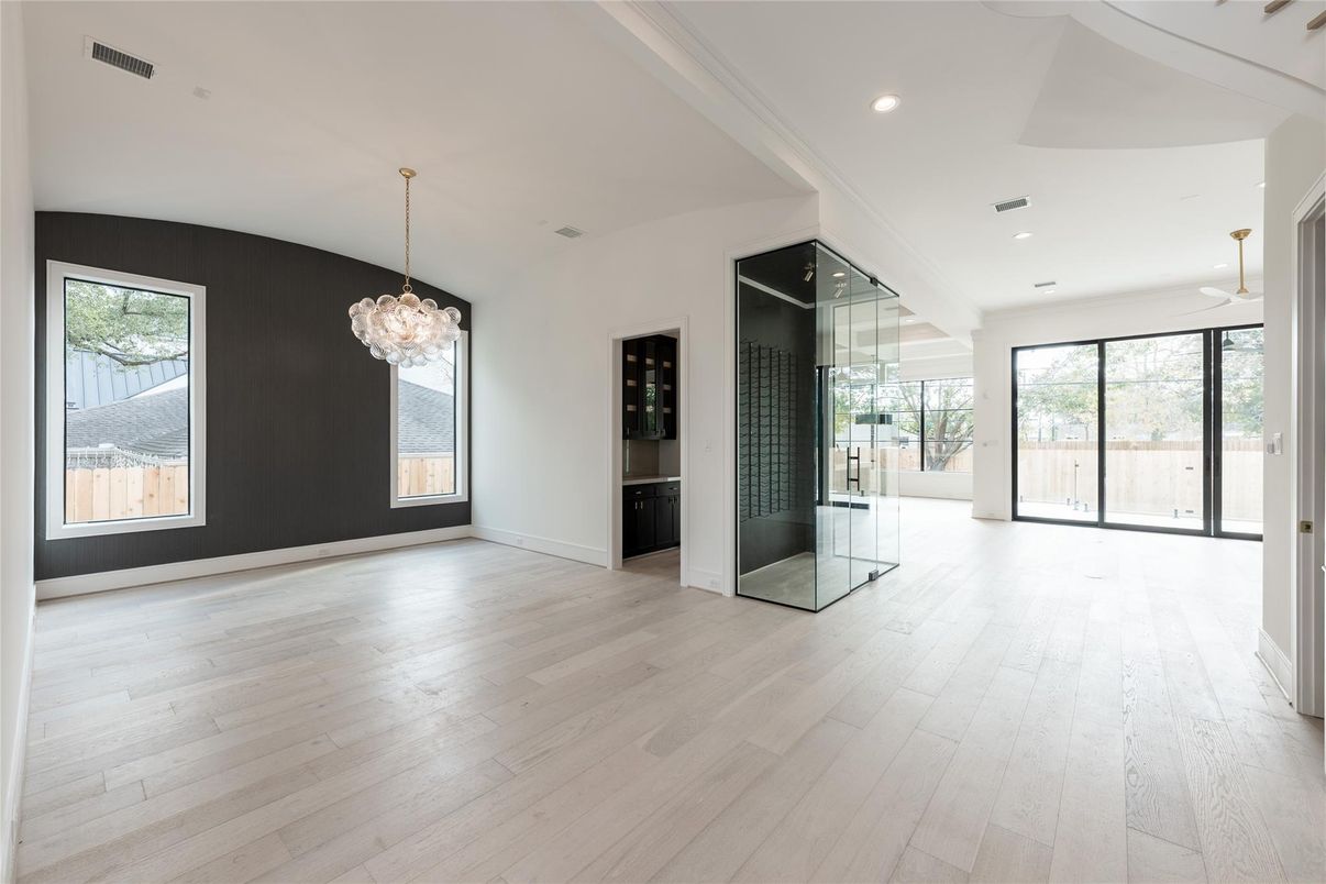Chandelier, Empty room, Interior, Recessed Lighting, Wine Storage, Wood Texture Flooring