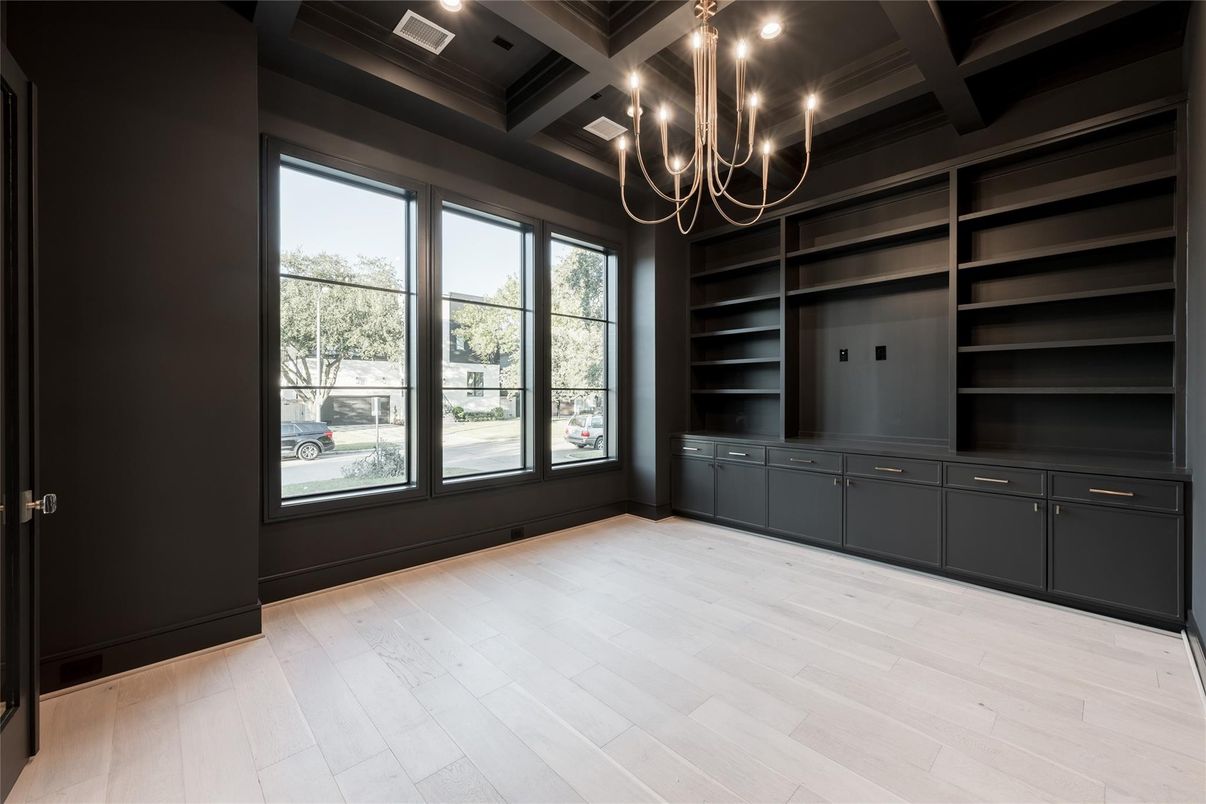 Chandelier, Empty room, Interior, Recessed Lighting, Wood Texture Flooring
