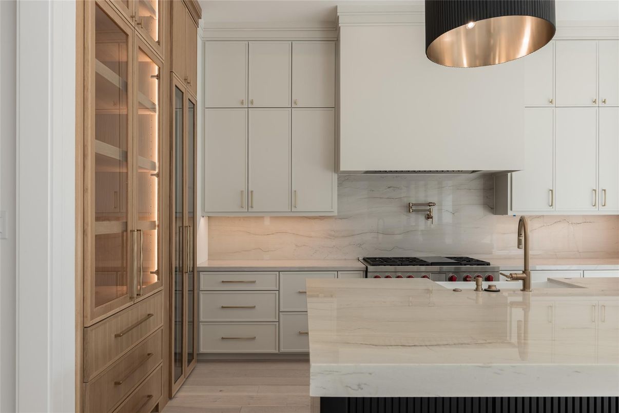 Interior, Kitchen, Marble Walls, Pendant Lights, Stainless Steel Appliances, Wood Texture Flooring