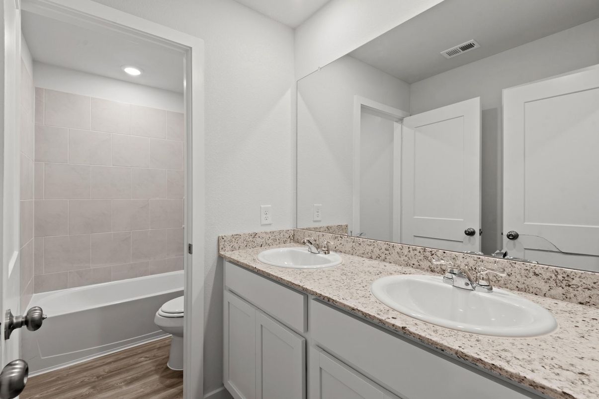 Bathroom, Dual Sink Vanities, Interior, Recessed Lighting, Wood Texture Flooring