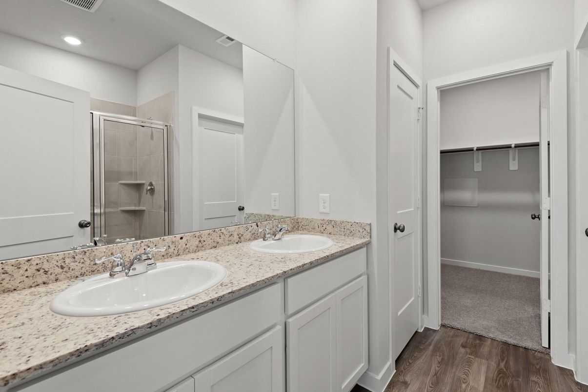 Bathroom, Dual Sink Vanities, Interior, Recessed Lighting, Wood Texture Flooring