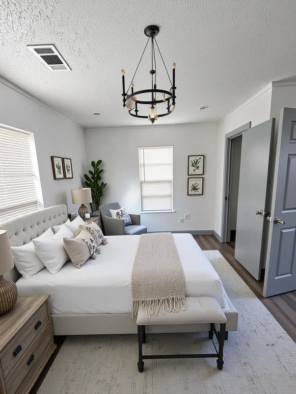 Bedroom, Chandelier, Interior, Wood Texture Flooring