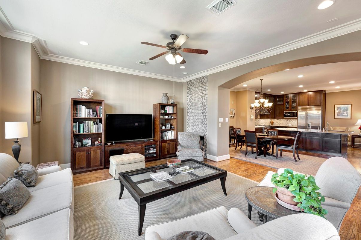 Chandelier, Dining room, Interior, Kitchen, Living room, Recessed Lighting, Stainless Steel Appliances, Wood Texture Flooring