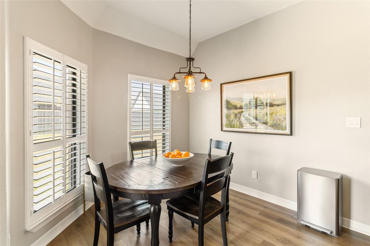 Dining room, Interior, Pendant Lights, Wood Texture Flooring